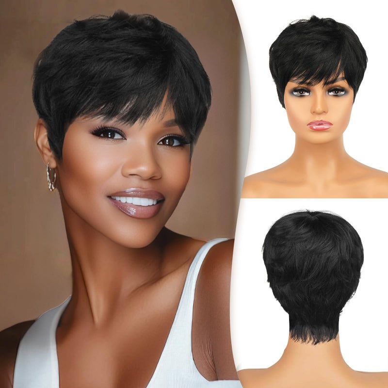 RUWISS Pixie Cut Wig Human Hair Wigs Human Hair Wig with Bangs Natural Short Black Wig Layered Wavy Different Style Short Wigs for Black Women (1B#) - Image 1