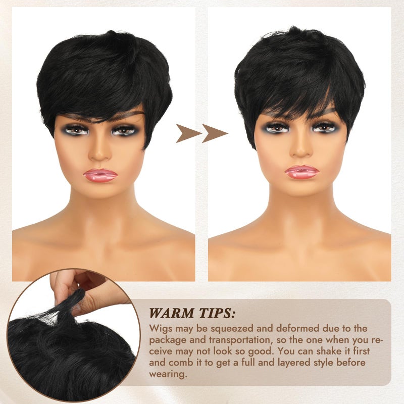 RUWISS Pixie Cut Wig Human Hair Wigs Human Hair Wig with Bangs Natural Short Black Wig Layered Wavy Different Style Short Wigs for Black Women (1B#) - Image 2