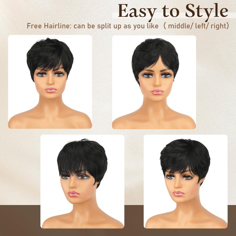 RUWISS Pixie Cut Wig Human Hair Wigs Human Hair Wig with Bangs Natural Short Black Wig Layered Wavy Different Style Short Wigs for Black Women (1B#) - Image 3