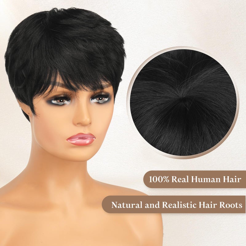 RUWISS Pixie Cut Wig Human Hair Wigs Human Hair Wig with Bangs Natural Short Black Wig Layered Wavy Different Style Short Wigs for Black Women (1B#) - Image 4