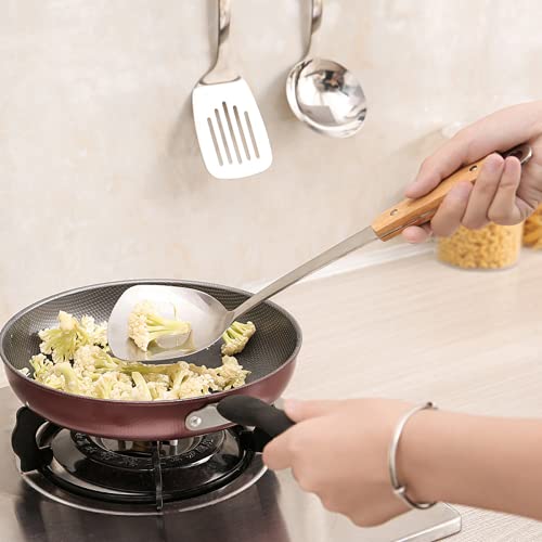 pepplo 1pc of Stainless Steel Spatula Vegetable Shovel Wooden Handle, Stainless Steel Pearl Turner Perforated Server - Image 2