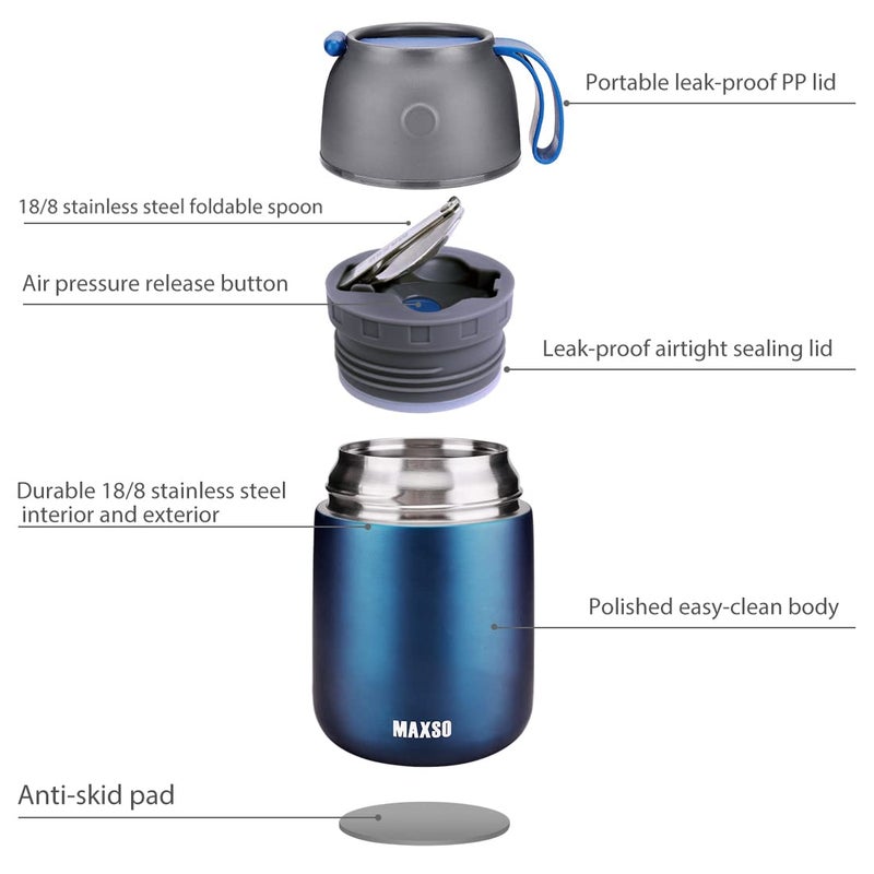 MAXSO Soup Thermo for Hot & Cold Food for Adults Kids, 17 oz Vacuum Insulated Steel Lunch Container Bento Box with Spoon, Leakproof Thermal Food Jar for School Office Travel - Dark Blue - Image 2