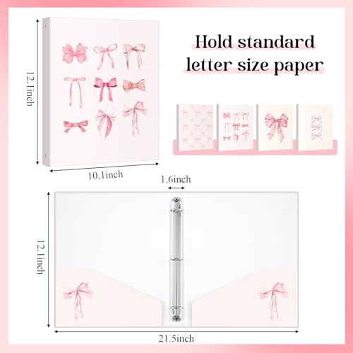 ReliThick 4 Pcs Letter Size Cute Bow 3 Ring Binder 1 Inch Round Ring with Interior Pockets Decorative Cute Binders Clipboard Binder Coquette School Supplies for School OfficePink - Image 3
