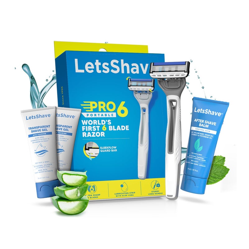 Lets Shave Pro 6 Portable Starter Kit for Men | World's First 6-Blade Disposable Razor with, 2 Transparent Shave Gel (15ml) & 1 After Shave Balm (30ml) | Travel Grooming Kit for Smooth Shave - Image 1