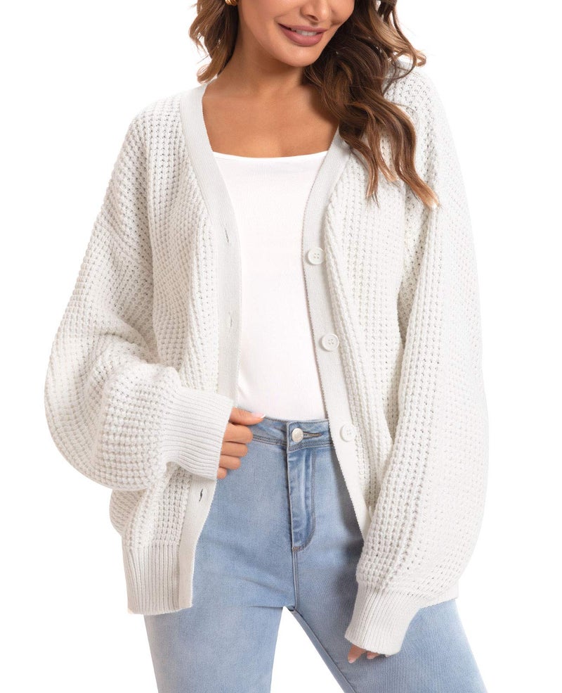 QUALFORT Cardigan Sweaters for Women 100% Cotton Button-Down Oversized Knit Outerwear Fall Tops for Women 2026 Off-White - Image 1
