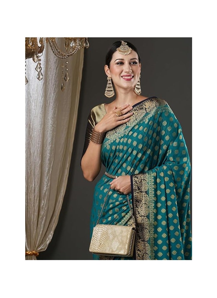 Accessorize Kingdom - Women's Georgette Zari Woven Design Kanjeevaram Saree With Unstitched Blouse Piece - Image 1