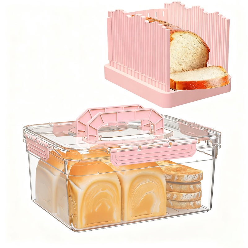 LLMRR Bread Box with Slicer, Portable Airtight Bread Storage Container with Lid Handle for Kitchen Counter, Bread Keeper for Homemade Bread,Toast, Bagel, Cookies, Pink - Image 1