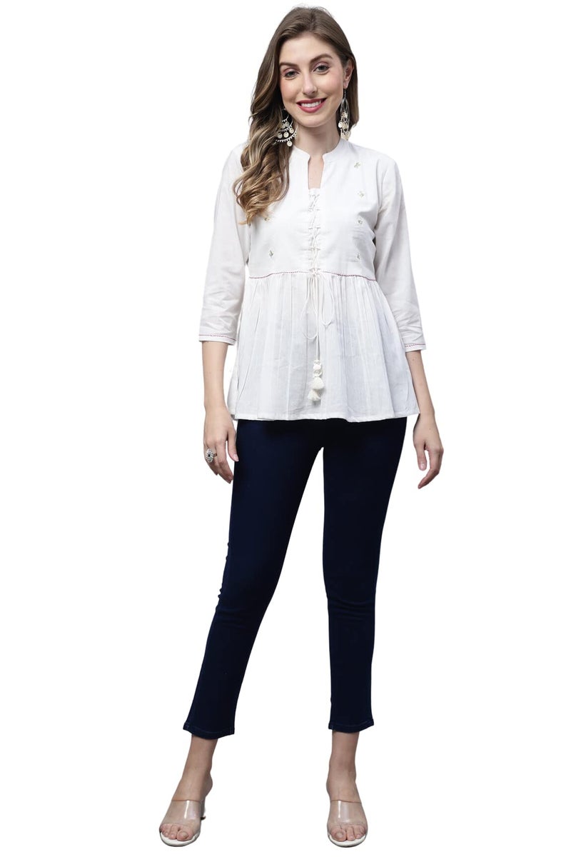 Monira Women's Pure Cotton Embroidered Short Top (MONJPR707-XXL_Off White_XXL) - Image 2