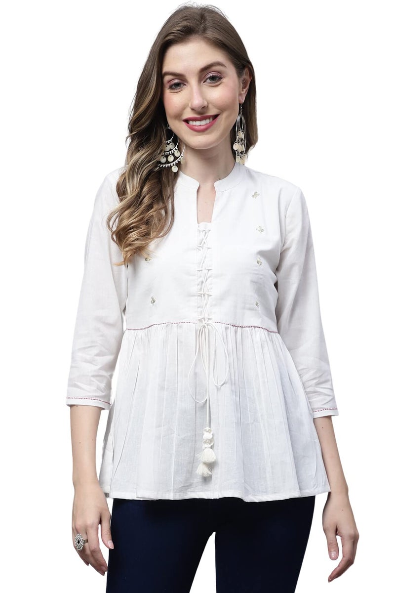 Monira Women's Pure Cotton Embroidered Short Top (MONJPR707-XXL_Off White_XXL) - Image 1