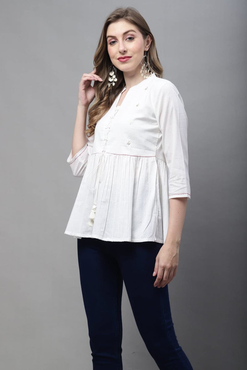 Monira Women's Pure Cotton Embroidered Short Top (MONJPR707-XXL_Off White_XXL) - Image 4