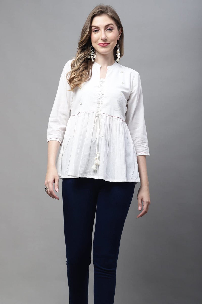 Monira Women's Pure Cotton Embroidered Short Top (MONJPR707-XXL_Off White_XXL) - Image 3