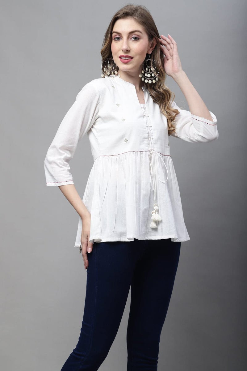 Monira Women's Pure Cotton Embroidered Short Top (MONJPR707-XXL_Off White_XXL) - Image 5