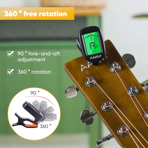 AARVI Clip On Guitar Tuner for All Instruments, Acoustic/Electric Guitar, Ukulele, Bass, Violin, Banjo, Large Clear LCD Display for Guitar Tuning, Chromatic Tuner, 4 Pack Guitar Picks Included - Image 5