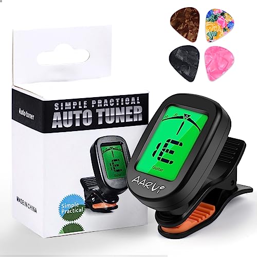 AARVI Clip On Guitar Tuner for All Instruments, Acoustic/Electric Guitar, Ukulele, Bass, Violin, Banjo, Large Clear LCD Display for Guitar Tuning, Chromatic Tuner, 4 Pack Guitar Picks Included - Image 1
