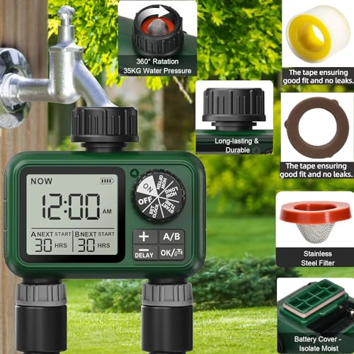 XinFuture Water Timer for Outdoor Garden Hose, Sprinkler Timer for Garden Faucet with Auto/Manual/Rain Delay Mode, Sprinkler Irrigation Controller for Yard Lawn (2 Zone Plastic Inlet) - Image 3
