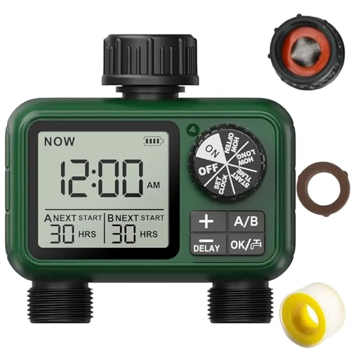 XinFuture Water Timer for Outdoor Garden Hose, Sprinkler Timer for Garden Faucet with Auto/Manual/Rain Delay Mode, Sprinkler Irrigation Controller for Yard Lawn (2 Zone Plastic Inlet) - Image 1