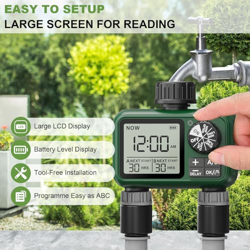 XinFuture Water Timer for Outdoor Garden Hose, Sprinkler Timer for Garden Faucet with Auto/Manual/Rain Delay Mode, Sprinkler Irrigation Controller for Yard Lawn (2 Zone Plastic Inlet) - Image 4
