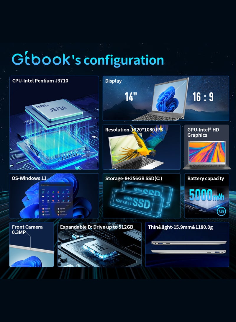 G-Tab Gtbook 14 Inch Laptop, FHD 1920x1080 IPS Anti-Glare Display, Intel Pentium J3710 Processor (4C/4T, up to 2.64GHz), 8GB RAM, 256GB NVMe SSD, Ultra-Slim & Lightweight (1.18kg) Fanless Silent Design, Backlit Keyboard, Windows 11, English/Arabic  - Image 2
