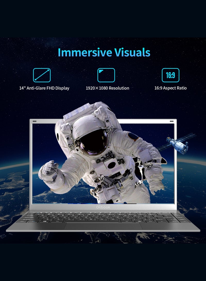 G-Tab Gtbook 14 Inch Laptop, FHD 1920x1080 IPS Anti-Glare Display, Intel Pentium J3710 Processor (4C/4T, up to 2.64GHz), 8GB RAM, 256GB NVMe SSD, Ultra-Slim & Lightweight (1.18kg) Fanless Silent Design, Backlit Keyboard, Windows 11, English/Arabic  - Image 3