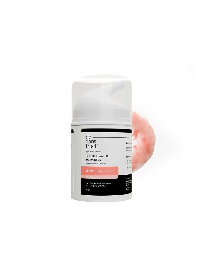 Deconstruct Invisible Water Sunscreen SPF 50 PA+++ | Instant Cooling & Freshness | 8-Hour Long Lasting Sunscreen | Broad Spectrum UVA & UVB Protection | No White Cast | For All Skin Types | 40g - Image 1