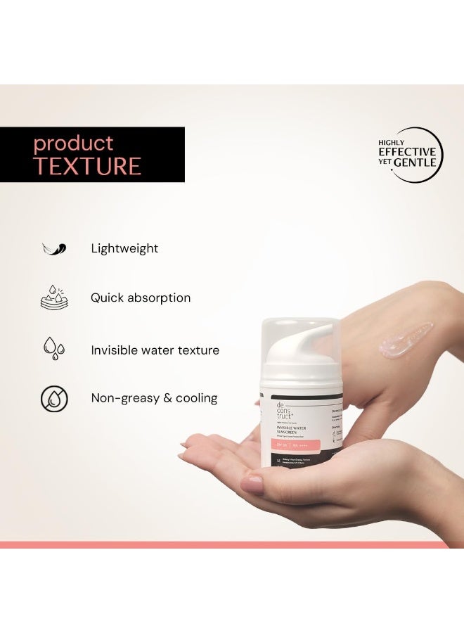 Deconstruct Invisible Water Sunscreen SPF 50 PA+++ | Instant Cooling & Freshness | 8-Hour Long Lasting Sunscreen | Broad Spectrum UVA & UVB Protection | No White Cast | For All Skin Types | 40g - Image 2
