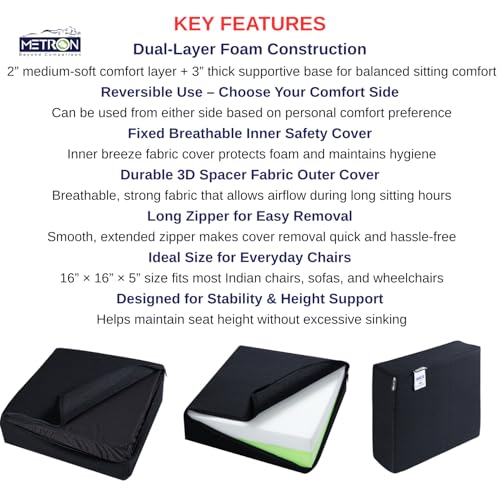 METRON Foam Extra Thick Height Booster Seat Cushion Suitable All Type Of Chairs Floor Wheelchairs | Chair Pad Supportive Sponge | 16"X16"X5" In| Washable Dark Color Cover | Pack Of 1 Pc - Image 5