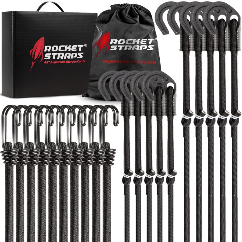 Rocket Straps  Ultimate Adjustable Outdoor Bungee Cord Assortment  Heavy Duty Set of 20 Bungee Cords 36 DoubleJ Hooks  Elastic Straps for Camping Securing and DIY Multipurpose