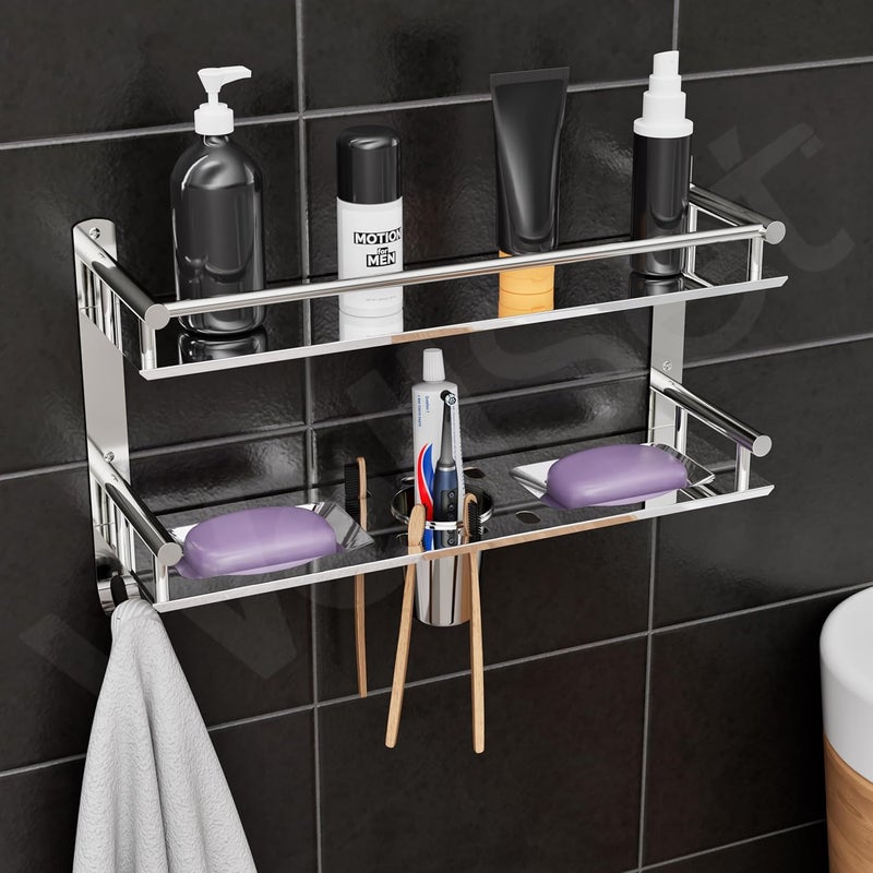 Well Set رف حائط حمام من الفولاذ المقاوم للصدأ ذو طبقتين (كبير جداً) | رف منظم متعدد الاستخدامات مع صحنين للصابون، حامل فرشاة أسنان وحامل كوب، قضيب منشفة | رف تخزين بلمسة مرآة خالية من الصدأ (فضي) - Image 1