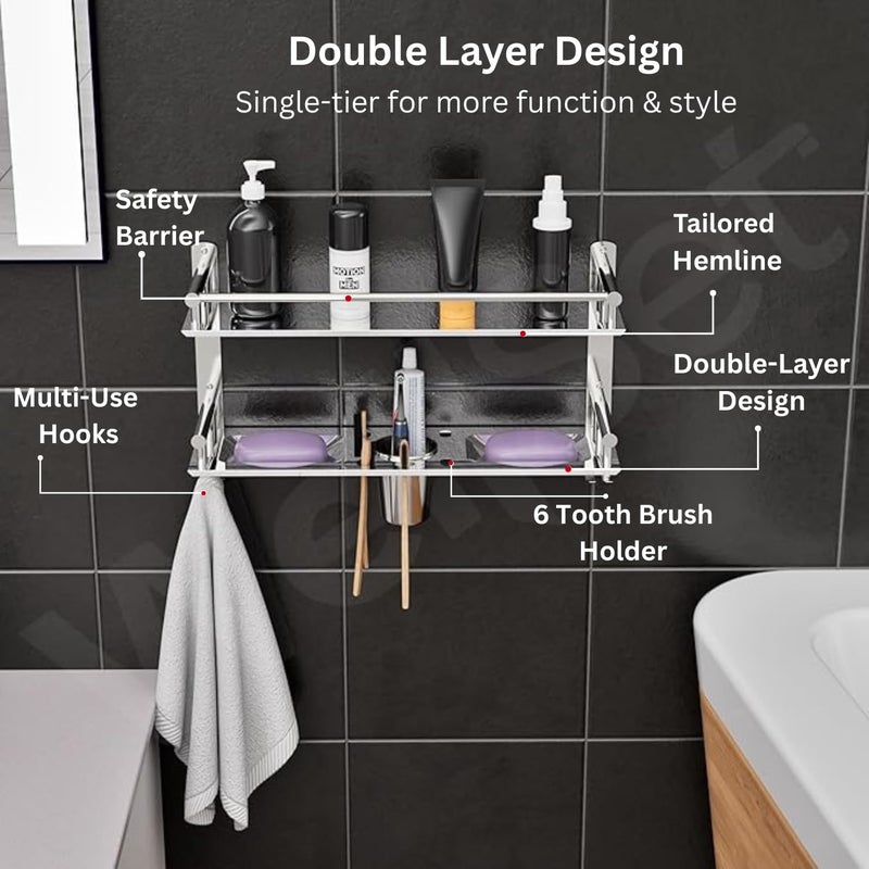 Well Set رف حائط حمام من الفولاذ المقاوم للصدأ ذو طبقتين (كبير جداً) | رف منظم متعدد الاستخدامات مع صحنين للصابون، حامل فرشاة أسنان وحامل كوب، قضيب منشفة | رف تخزين بلمسة مرآة خالية من الصدأ (فضي) - Image 2