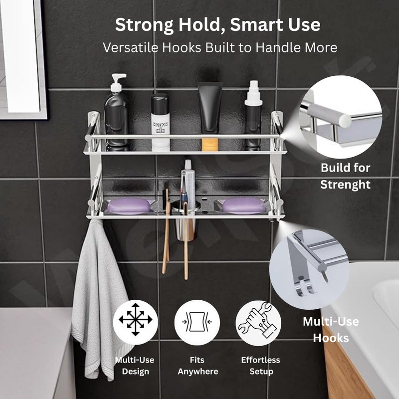 Well Set رف حائط حمام من الفولاذ المقاوم للصدأ ذو طبقتين (كبير جداً) | رف منظم متعدد الاستخدامات مع صحنين للصابون، حامل فرشاة أسنان وحامل كوب، قضيب منشفة | رف تخزين بلمسة مرآة خالية من الصدأ (فضي) - Image 3