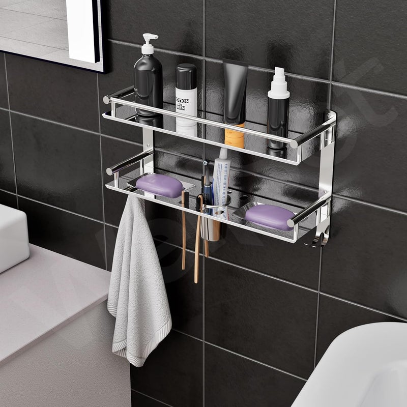 Well Set رف حائط حمام من الفولاذ المقاوم للصدأ ذو طبقتين (كبير جداً) | رف منظم متعدد الاستخدامات مع صحنين للصابون، حامل فرشاة أسنان وحامل كوب، قضيب منشفة | رف تخزين بلمسة مرآة خالية من الصدأ (فضي) - Image 4