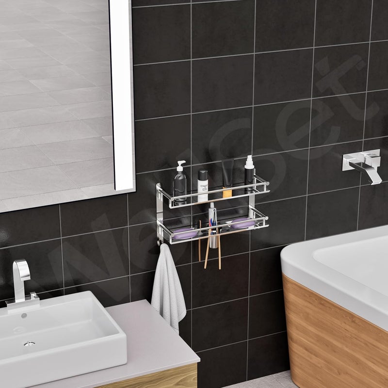 Well Set رف حائط حمام من الفولاذ المقاوم للصدأ ذو طبقتين (كبير جداً) | رف منظم متعدد الاستخدامات مع صحنين للصابون، حامل فرشاة أسنان وحامل كوب، قضيب منشفة | رف تخزين بلمسة مرآة خالية من الصدأ (فضي) - Image 5