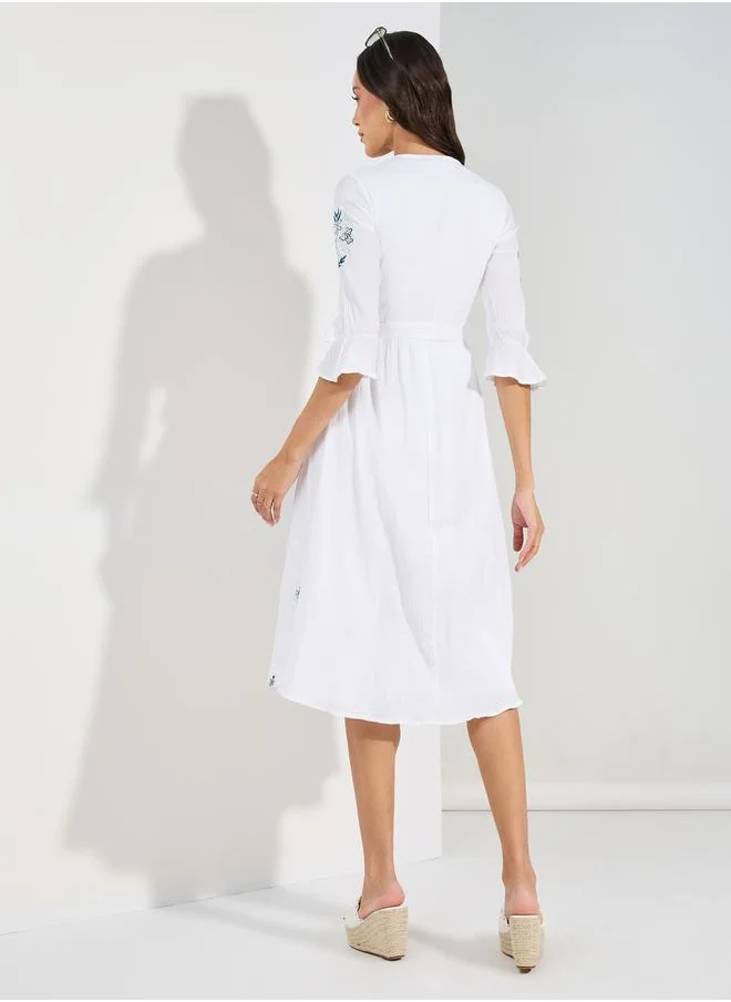 Styli Embroidered Cotton Midi Dress