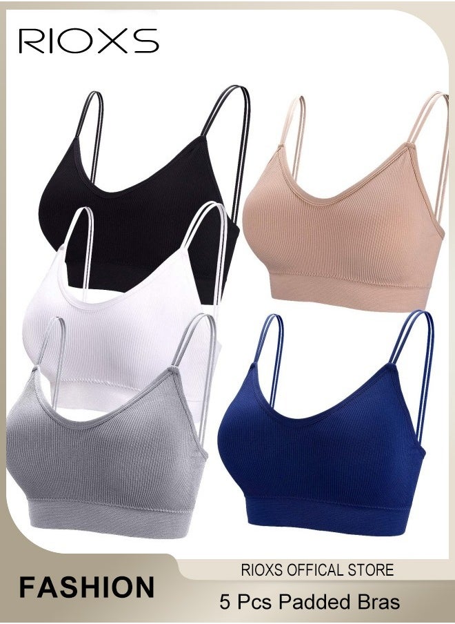 RIOXS - 5 Pcs V Neck Padded Bralette for Women Cami Bra Wireless Tank Top Bra Sports Bra with Adjustable Straps, Sports Shock-proof, Breathable Skin-friendly Vest - Image 1