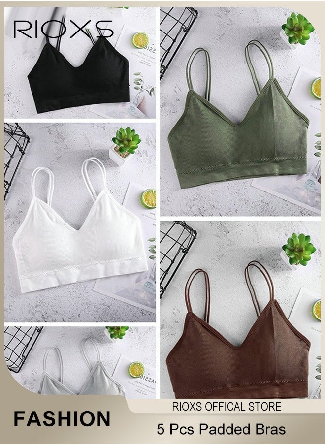 RIOXS - 5 Pcs V Neck Padded Bralette for Women Cami Bra Wireless Tank Top Bra Sports Bra with Adjustable Straps, Sports Shock-proof, Breathable Skin-friendly Vest - Image 1