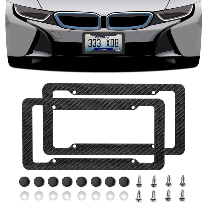 TOBENBONE Black Carbon Fiber License Plate Frames License Plate Cover with Fasteners and Screws License Plate Holder Tag Cover for Front Rear Car Accessories Number Plate Frames for Man 2 Pack