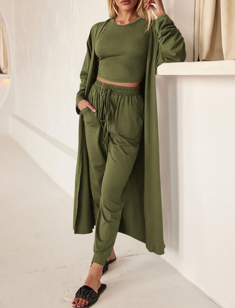 KIRUNDO 3 Piece Lounge Sets for Women Airport Travel Vacation Outfits Spring Cardigan Matching Sleeveless Top Jogger Pants(Army Green, Small) - Image 4