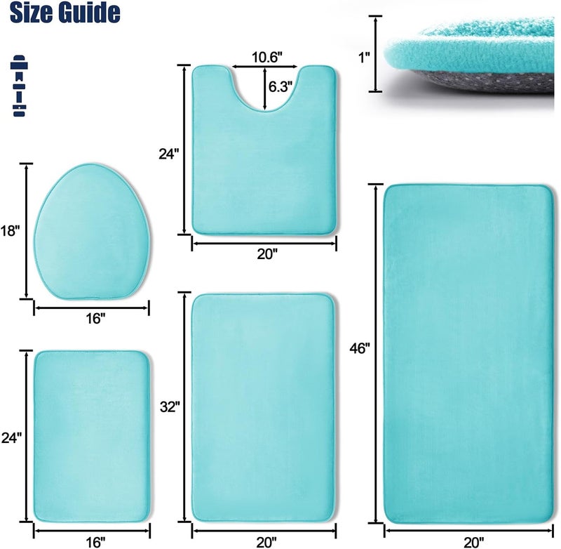 YIHOUSE Bathroom Rug Set 5 Piece, Memory Foam Bath Mat Set, Super Absorbent Bath Mats for Floor - Non-Slip & Washable Bathroom Rugs - Dry Quickly Bath Rugs, Teal - Image 2