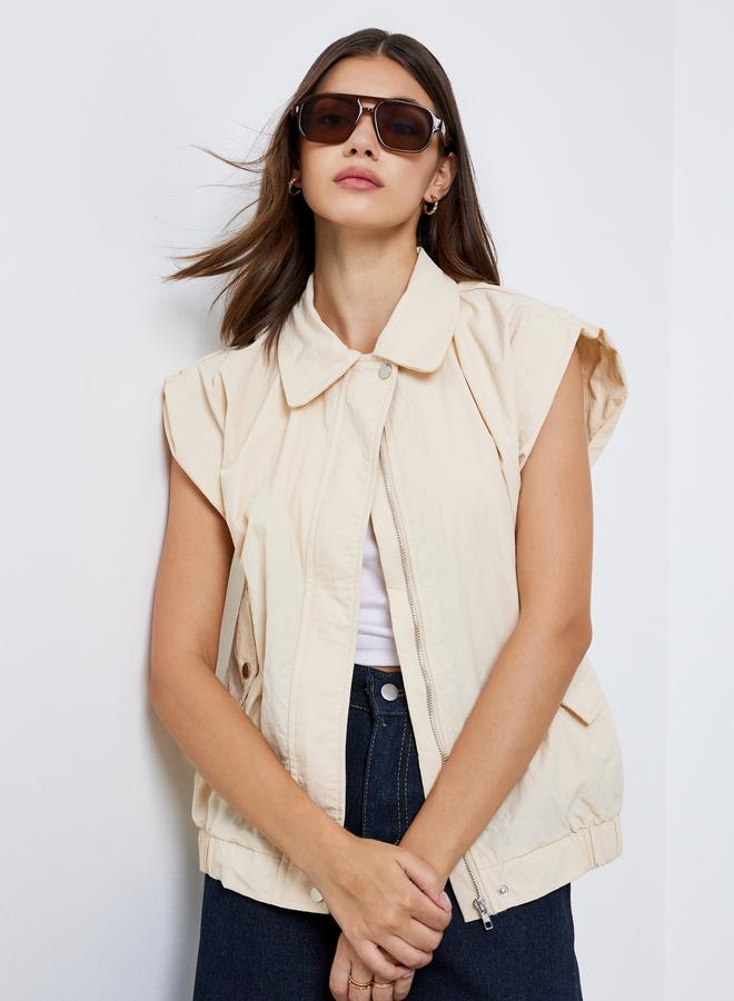 Take Two Beige Sleeveless Side Pocket Jacket - Image 1