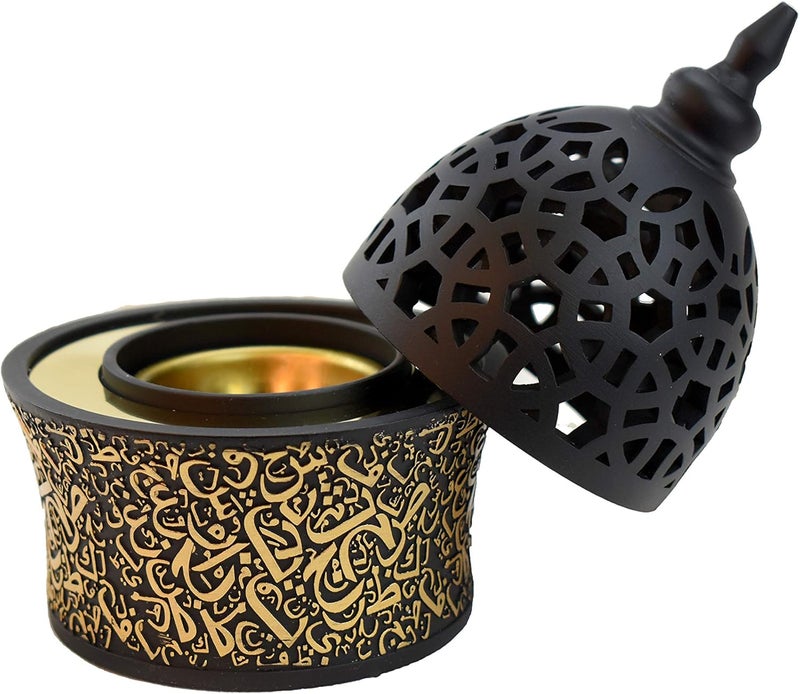 INTENSE OUD Calligraphy Style Closed Incense Burner (Mabkhara) Metal Tray Inside 8in Tall - Black - Image 2