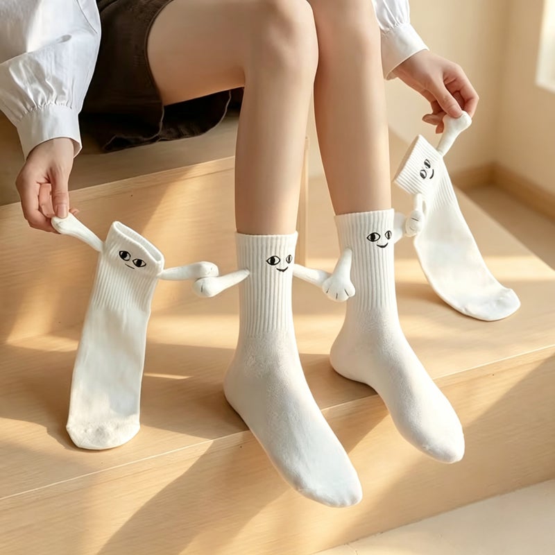 2Pairs Funny Magnetic Hand Holding Socks with Big Eyes Embroidered Novelty Couple Mid Calf Socks for Men Women Casual Wear - Image 1