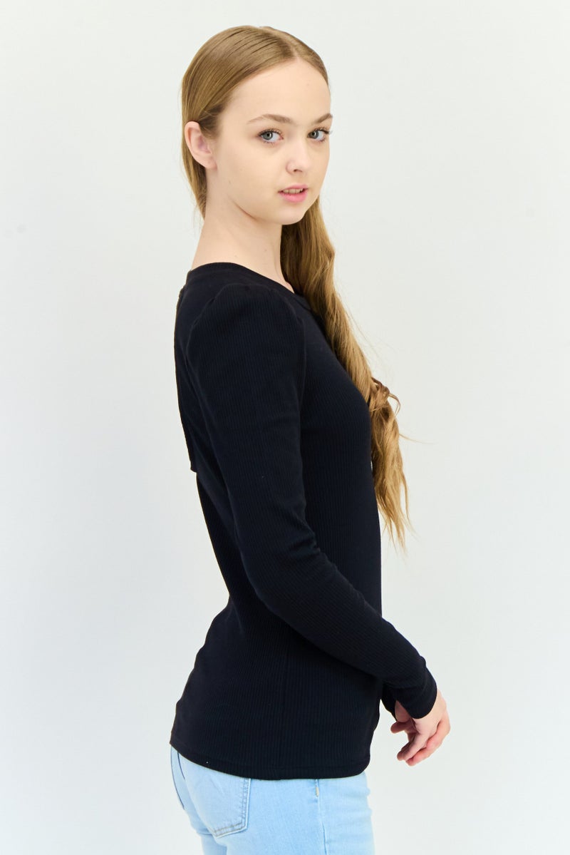 GAP Women Crew Neck Long Sleeves Ribbed Top, Black - Image 2