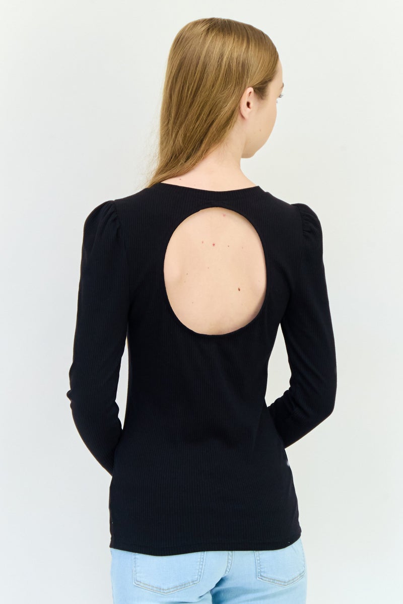 GAP Women Crew Neck Long Sleeves Ribbed Top, Black - Image 3