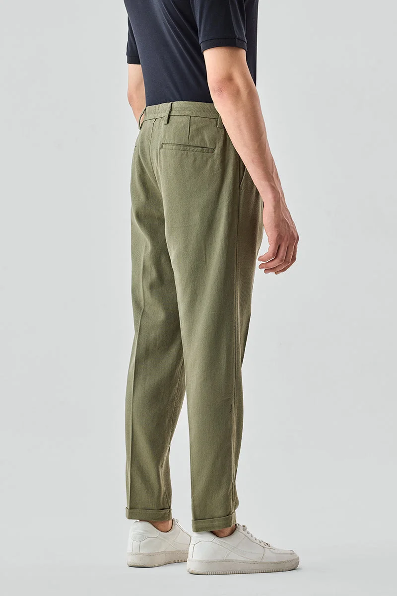 SNITCH Olive Slim Fit 100% Cotton Twill Trousers for Men | Best Price UAE