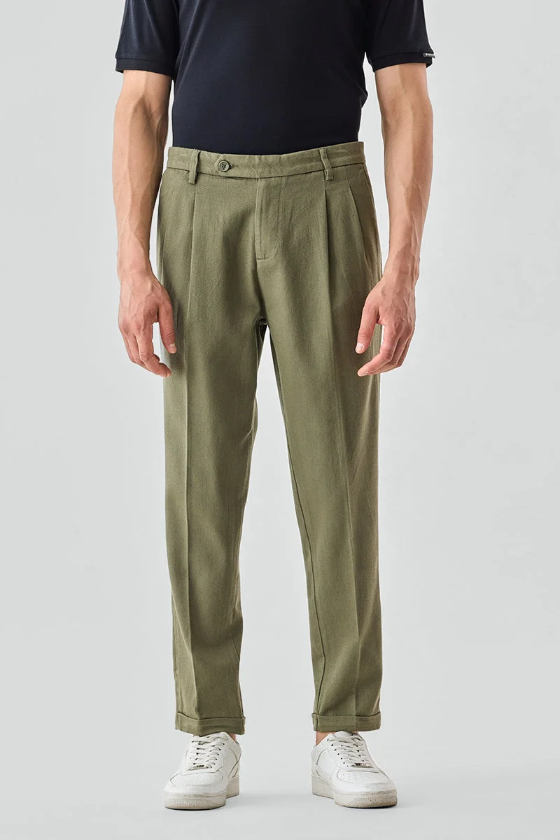 SNITCH Olive Slim Fit 100% Cotton Twill Trousers for Men | Best Price UAE