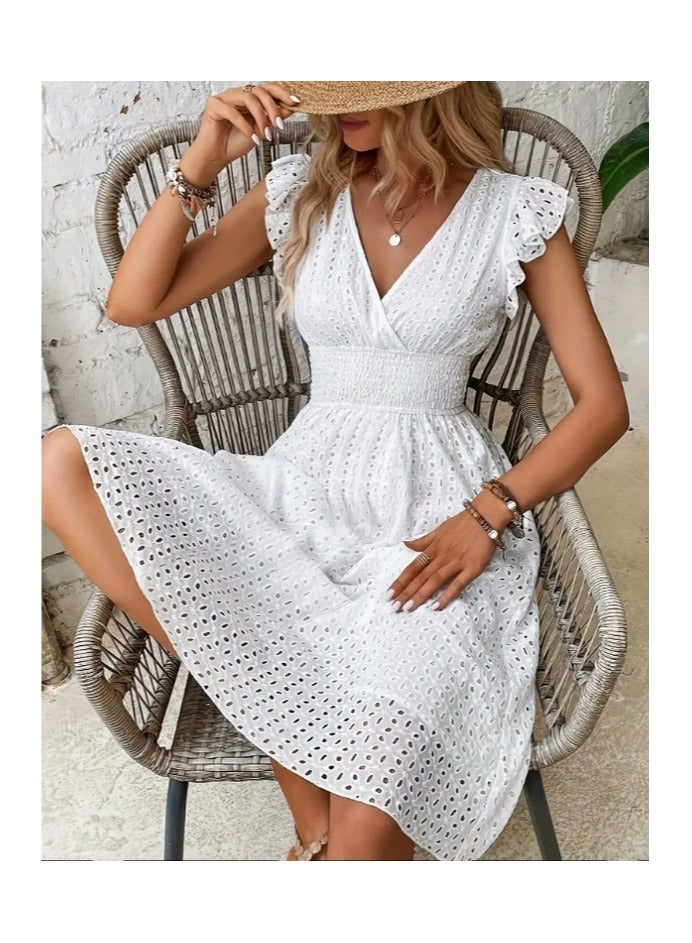 general New women's long dress with jacquard pattern and openwork design, slimming effect. V-neck, large size, solid color dress. - Image 1