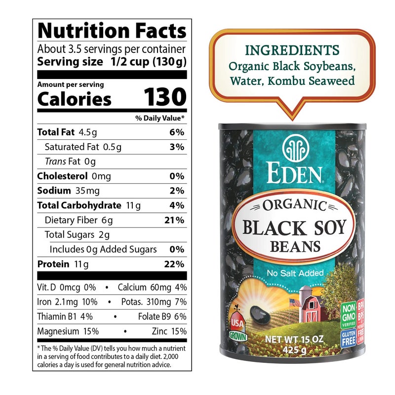 Eden Organic Black Soybeans, 15 oz Can (6-Pack), Complete Protein, No Salt Added, Non-GMO, Gluten Free, U.S. Grown, Heat and Serve, Macrobiotic, Soy Beans - Image 2