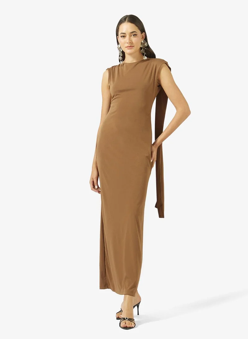 Mock Neck Draped Dress with Trail
