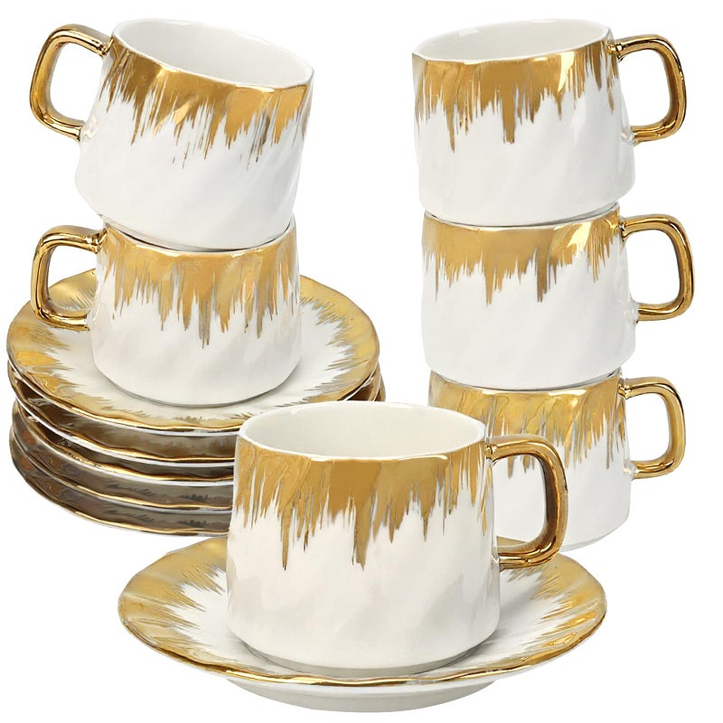 Hebaogugu Coffee Cup Set of 6 with Saucers, 3.5 OZ Ceramic Espresso Cups Set, Gold Trim Turkish Coffee Cup Gift for Cappuccino, Latte, Cafe Mocha and Tea, Dishwasher & Microwave Safe - Image 1