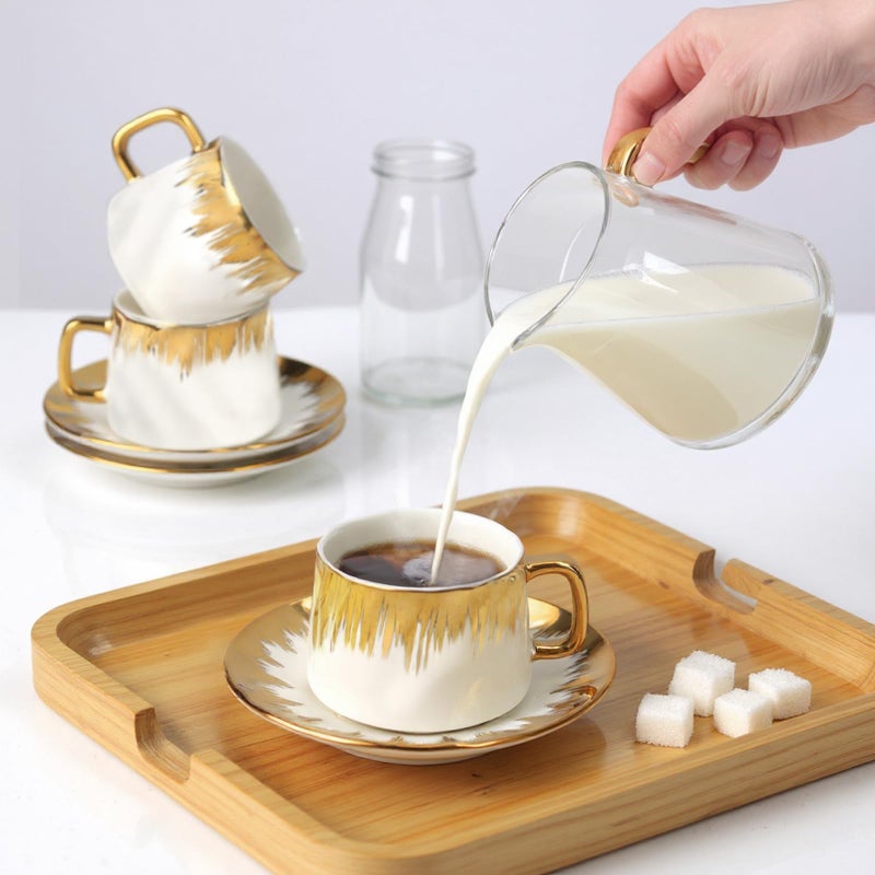 Hebaogugu Coffee Cup Set of 6 with Saucers, 3.5 OZ Ceramic Espresso Cups Set, Gold Trim Turkish Coffee Cup Gift for Cappuccino, Latte, Cafe Mocha and Tea, Dishwasher & Microwave Safe - Image 2